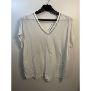 Avenue Womens White Rhinestone V-Neck Cut-Out Back Short Sleeve Tee Plus 30/32